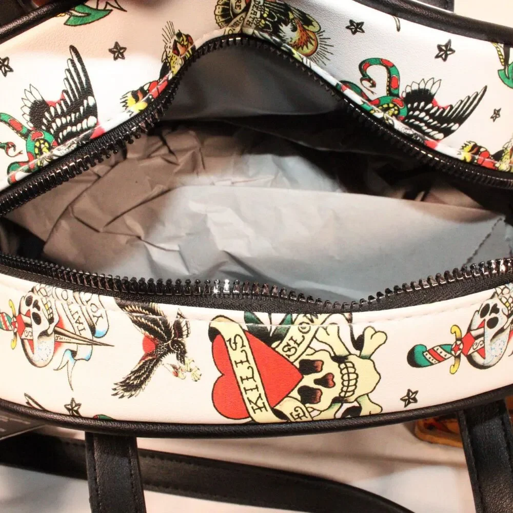 NWT Ed Hardy Insulated Lunch Tote Bag Satchel White Tattoo Flash Crossbody New
